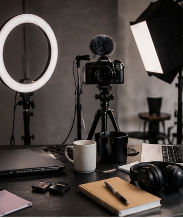 A content creation setup with a camera, laptop, ring light and notebook on a desk.