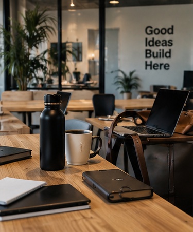 A modern shared workspace with an open laptop, notebooks and coffee on a wooden table.